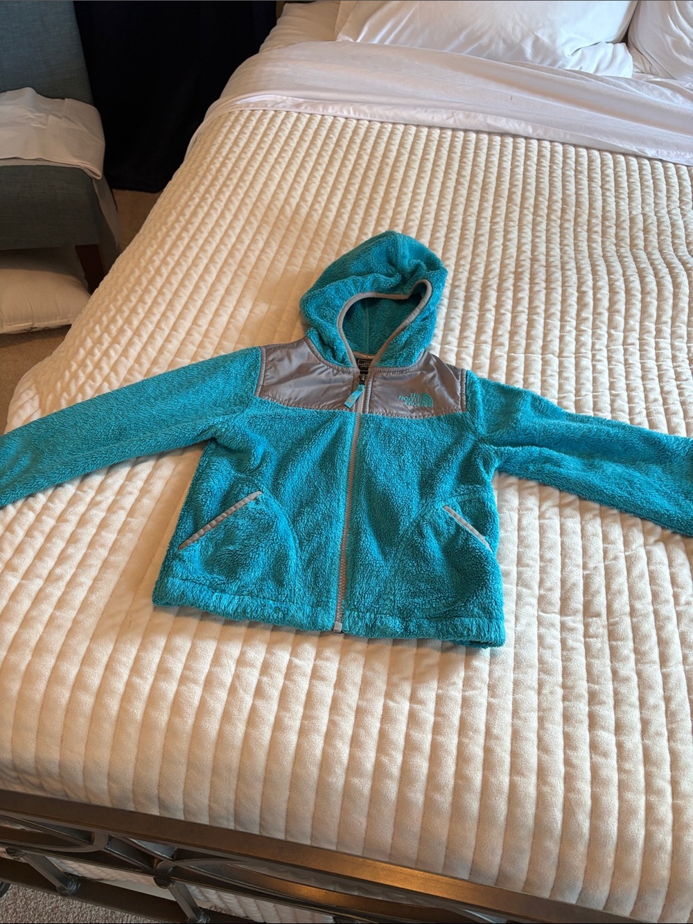 The North Face Girls' Teal Hooded Sherpa Fleece Jacket with Gray Yoke